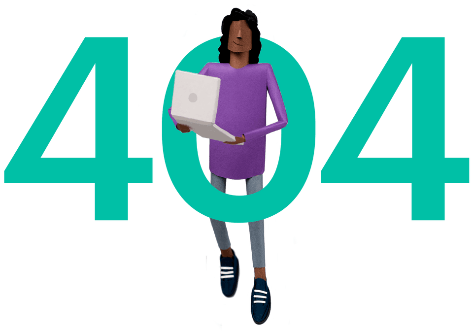 Floating papercraft woman with laptop and giant 404 type