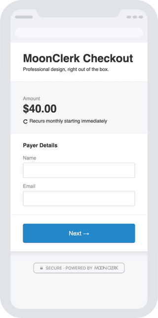 The default MoonClerk checkout design